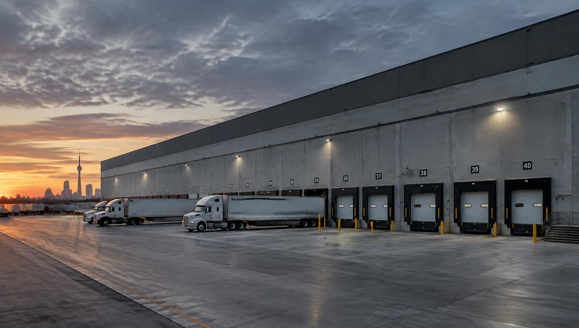 Modern GTA distribution warehouse with dock-level loading doors at dusk